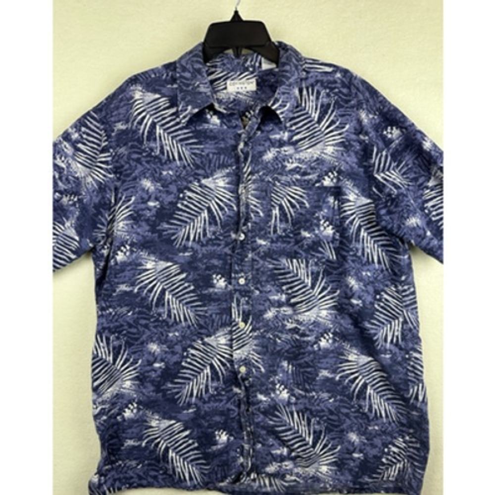 Covington Hawaiian Shirt Mens L Blue Floral Linen Blend Button Down Short Sleeve
